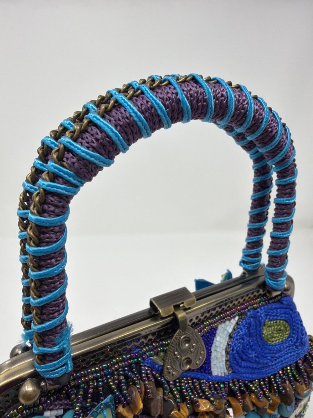 Chico's Beaded Evening Bag Blue Purple Floral Embellished Top Handle Purse - Picture 11 of 16